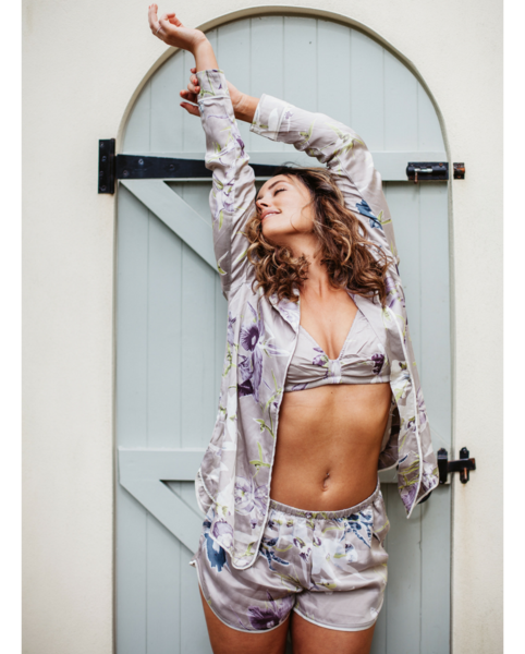 Bamboo Satin Grey Floral Long Sleeve & Shorty PJ Set